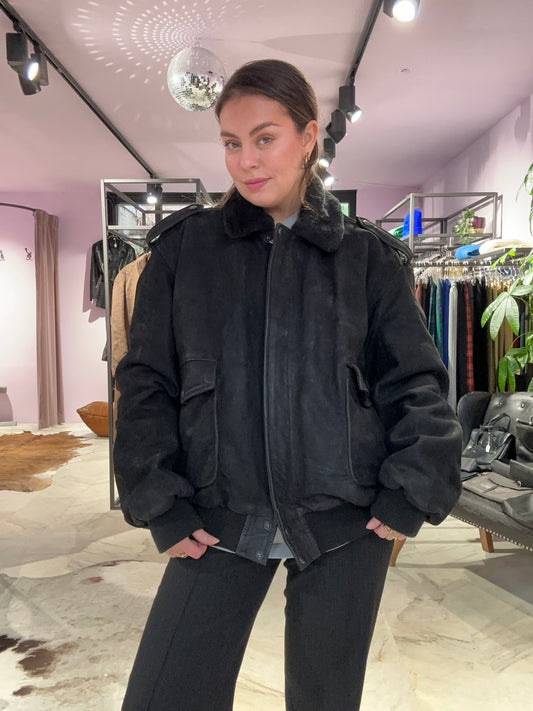 Vintage black bomber leren jas size XL