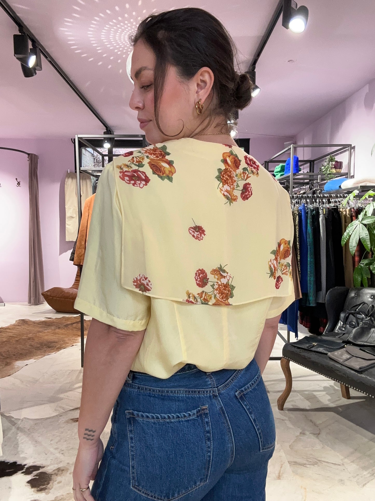 Vintage yellow rose 100% zijde blouse