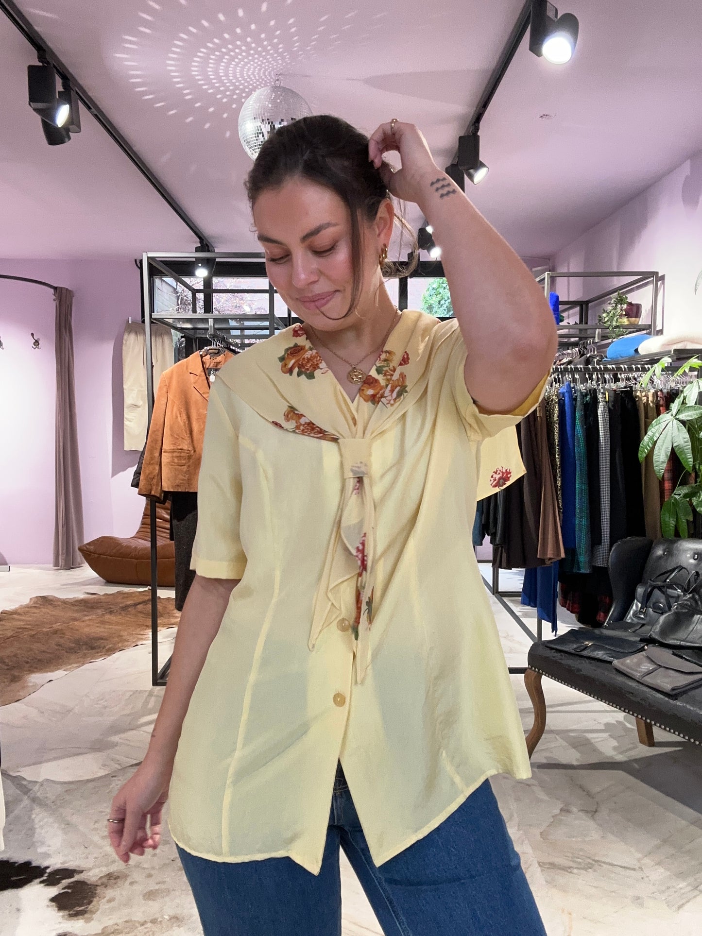 Vintage yellow rose 100% silk blouse