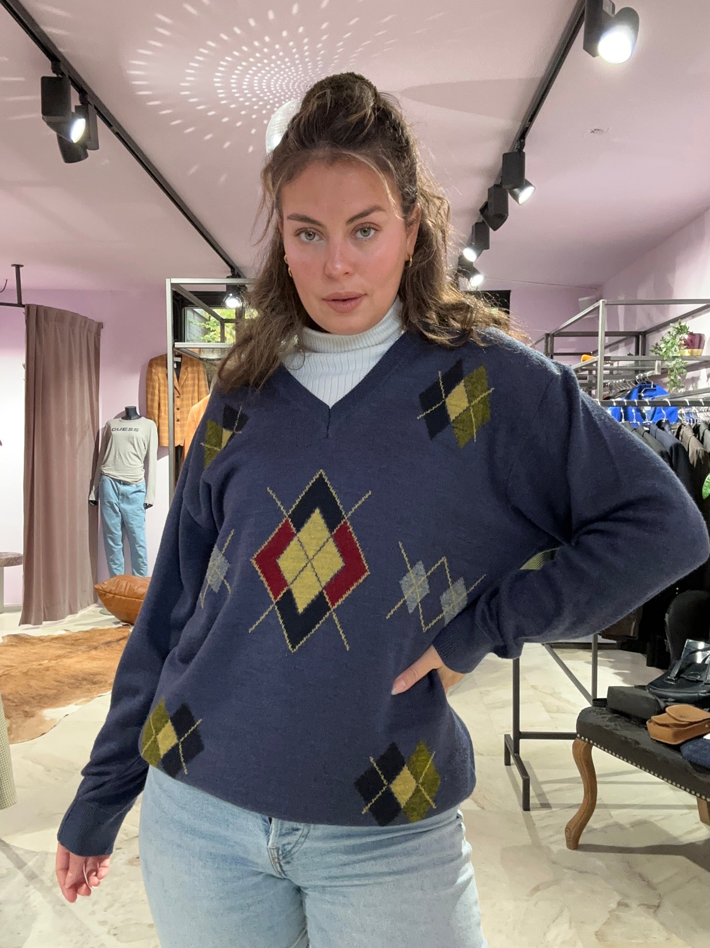 Vintage geruite v-hals sweater size XL