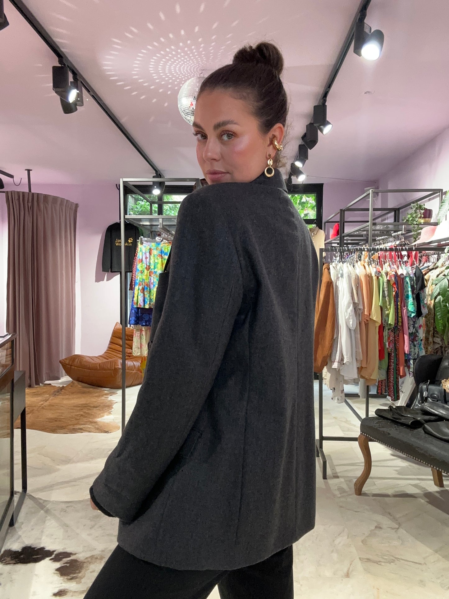 Vintage wollen oversized grijze blazer met opvallende voering