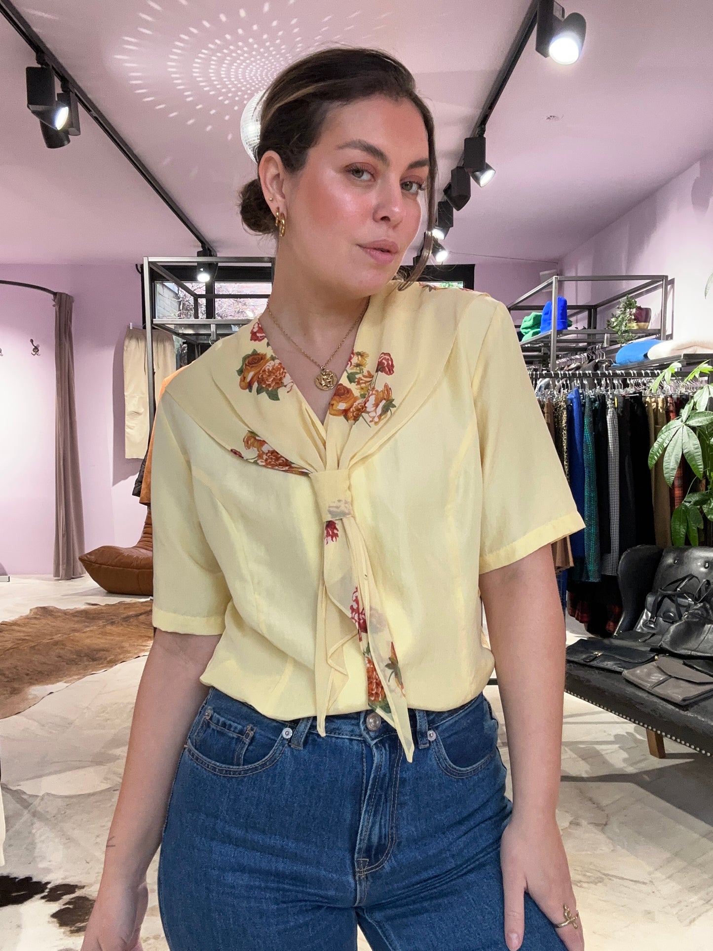 Vintage yellow rose 100% zijde blouse