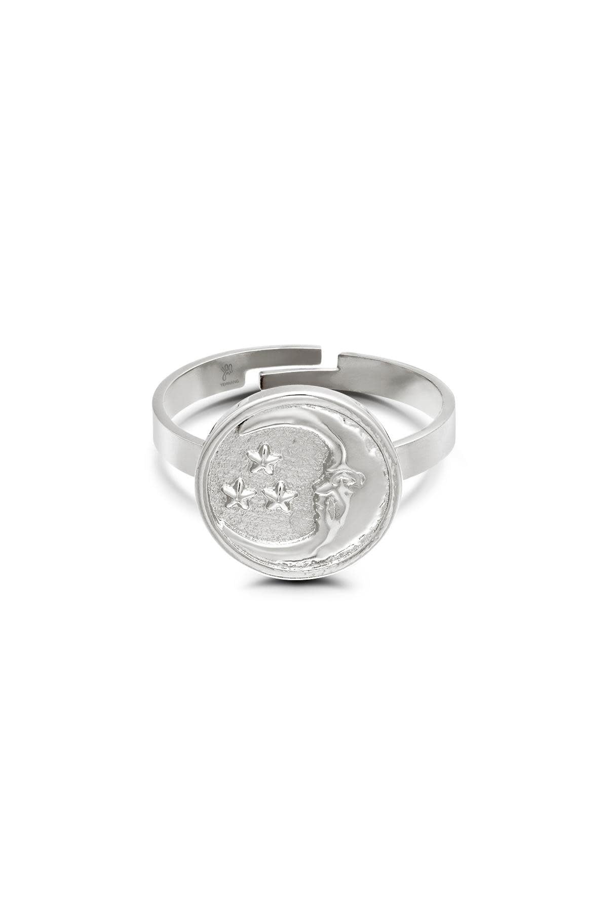 Stainless steel zegel ring moon and stars silver